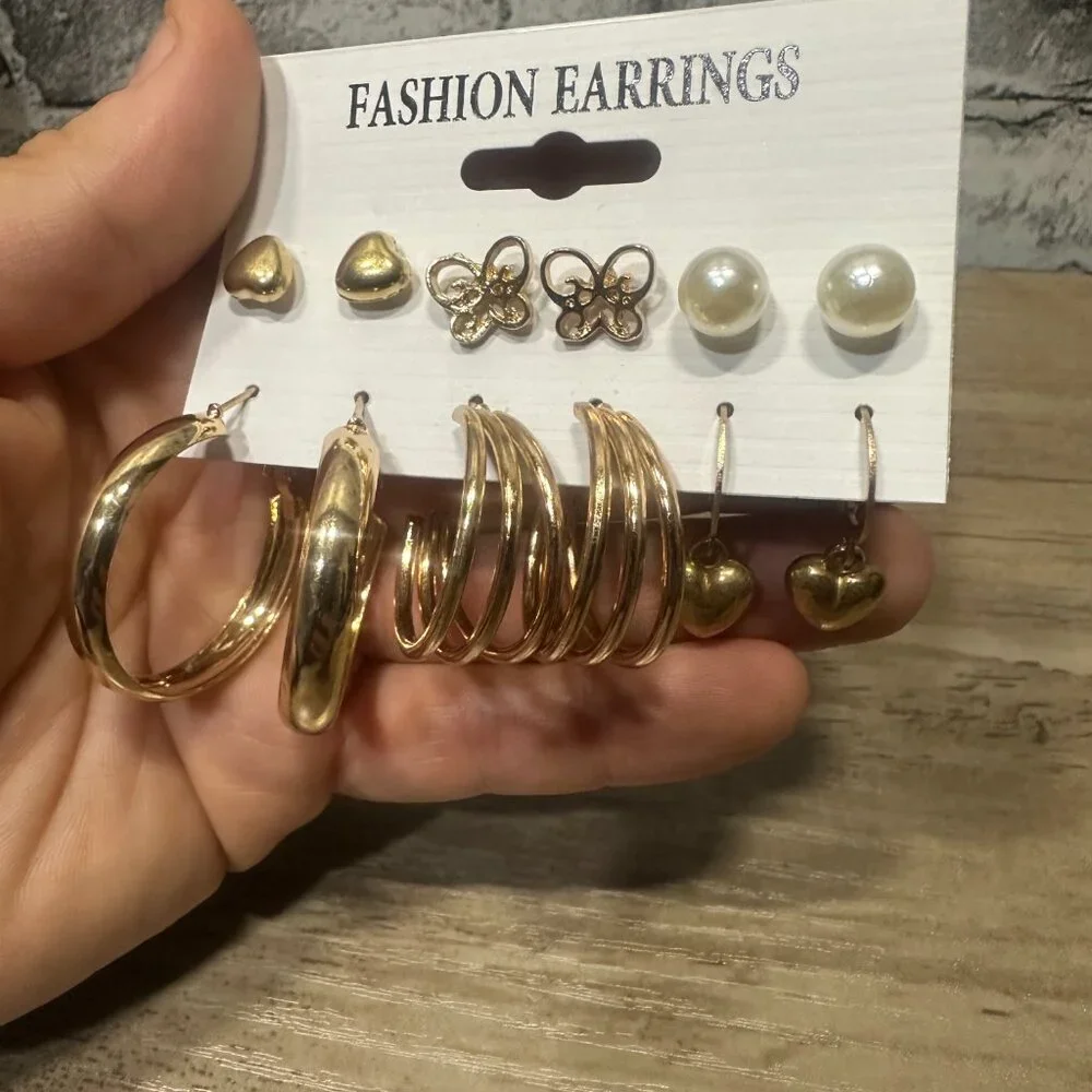NWT Fashion Earrings Full Set (3 Studs, 2 Small Hoops, 1 Dangle Heart)